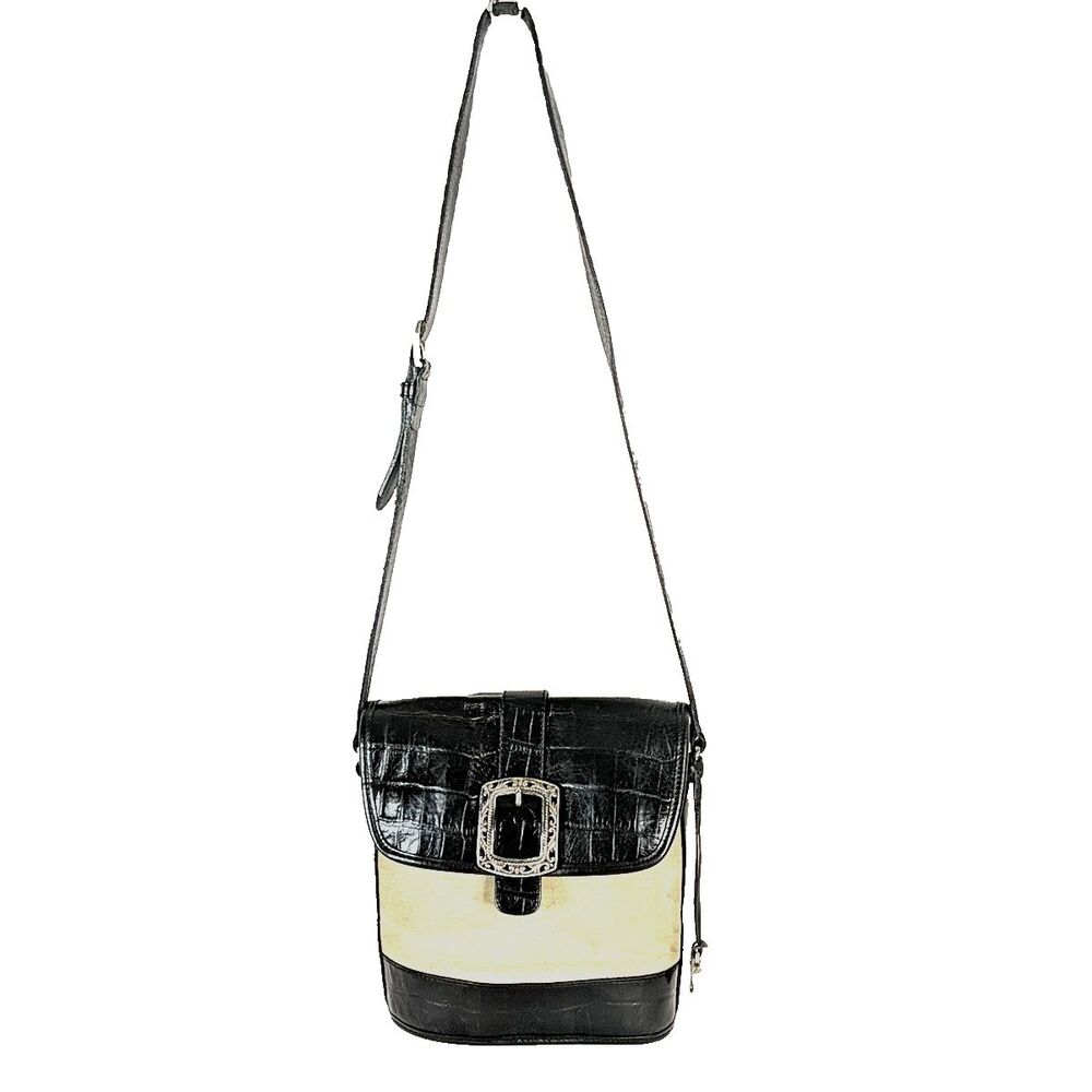 Brighton Vintage Flap Shoulder Bag Moc Croc Leather Crossbody Heart Charm Black
